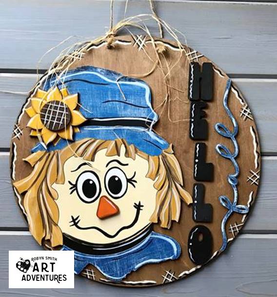 Adult DIY Art Kit - Hello Fall Scarecrow - 3D Round Door Hanger, 16"