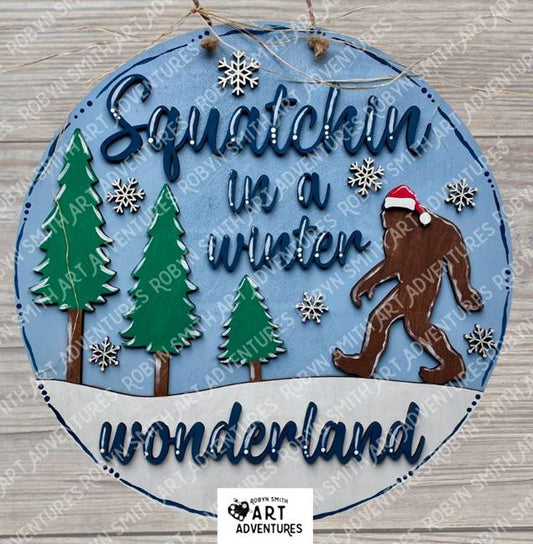 Adult DIY Art Kit - Squatchin' in a Winter Wonderland - 3D Round Door Hanger, 16"