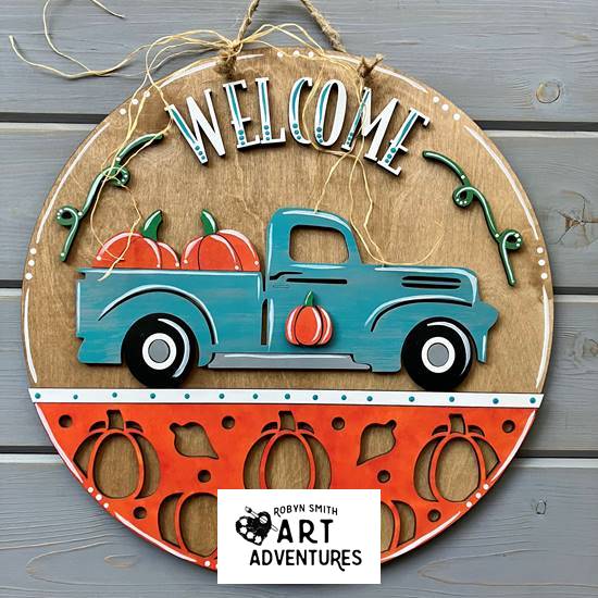 Adult DIY Art Kit - Welcome Pumpkin Farmhouse Truck - 3D Round Door Hanger, 16"