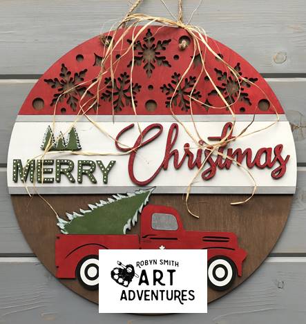 Adult DIY Art Kit - Merry Christmas Truck & Tree - 3D Round Door Hanger, 16"